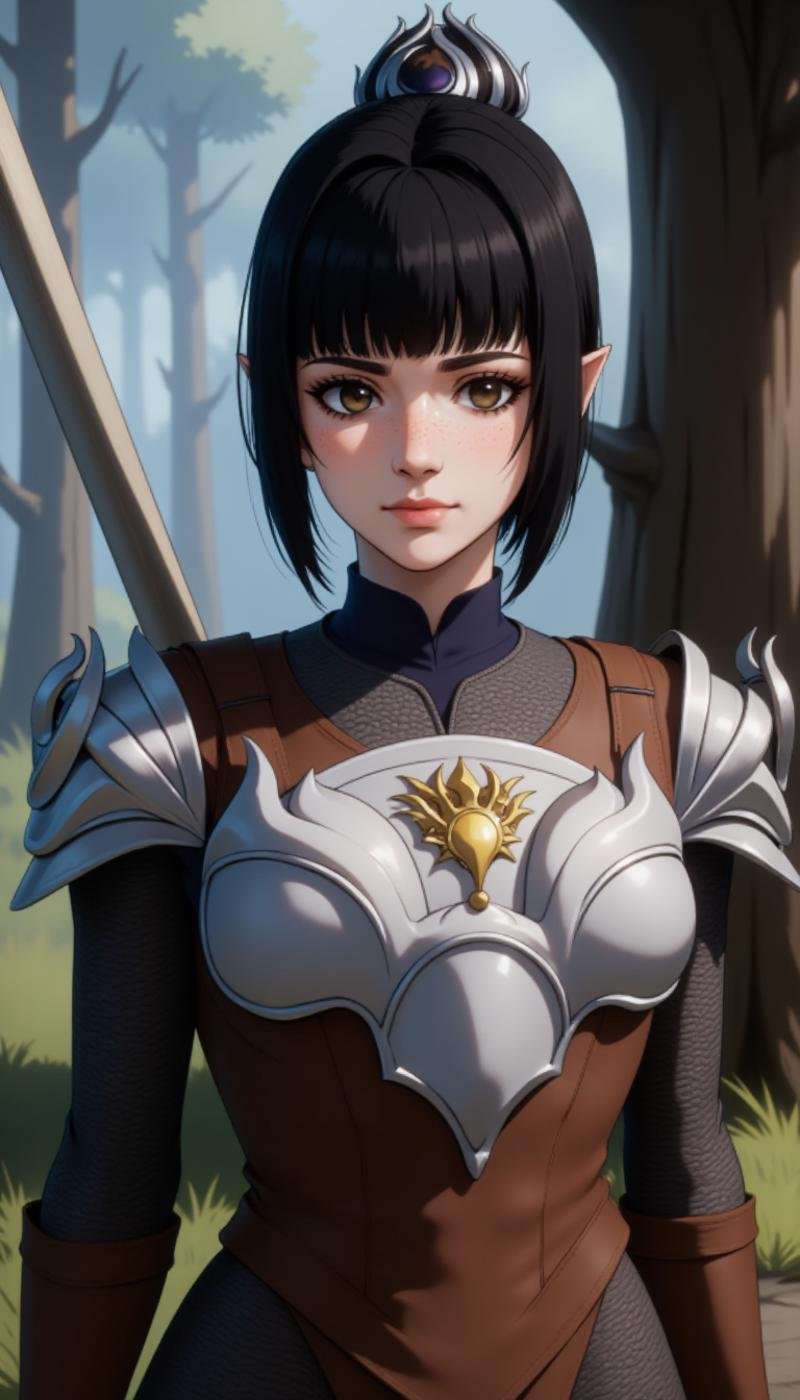 A (80s anime screencap:1.5) of a female character.  1girl, solo, breasts, looking at viewer, short hair, bangs, black hair, hair ornament, photoshop \(medium\), gloves, brown eyes, jewelry, closed mouth, standing, weapon, ponytail, upper body, outdoors, day, sword, official art, artist name, blunt bangs, armor, black eyes, blurry, lips, tree, cosplay, bodysuit, makeup, watermark, scar, expressionless, blurry background,