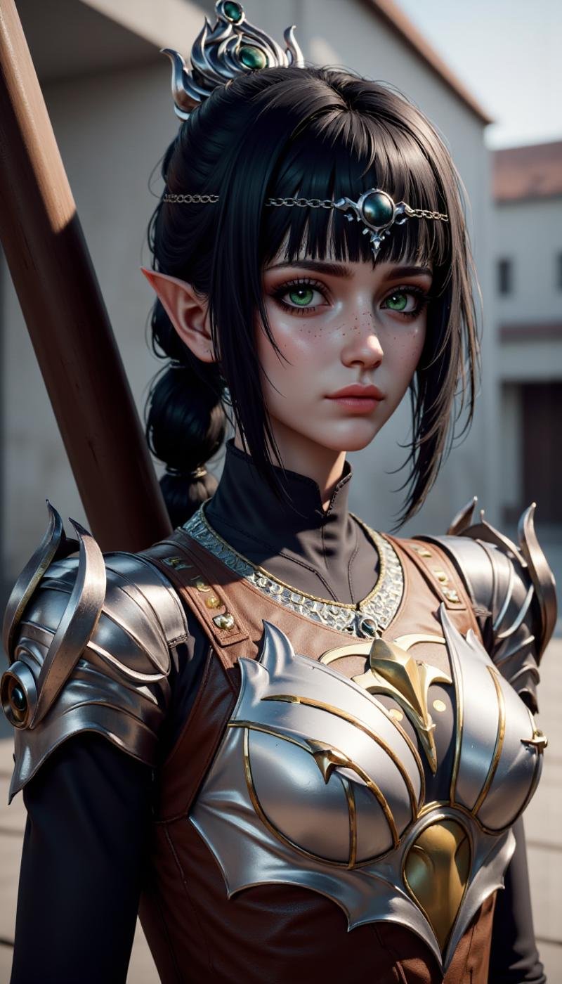 A (photorealistic photograph:1.3) of a female character, 1girl, solo, breasts, looking at viewer, bangs, black hair, hair ornament, jewelry, standing, day, sword, armor, green eyes, nose scar, bodysuit, makeup