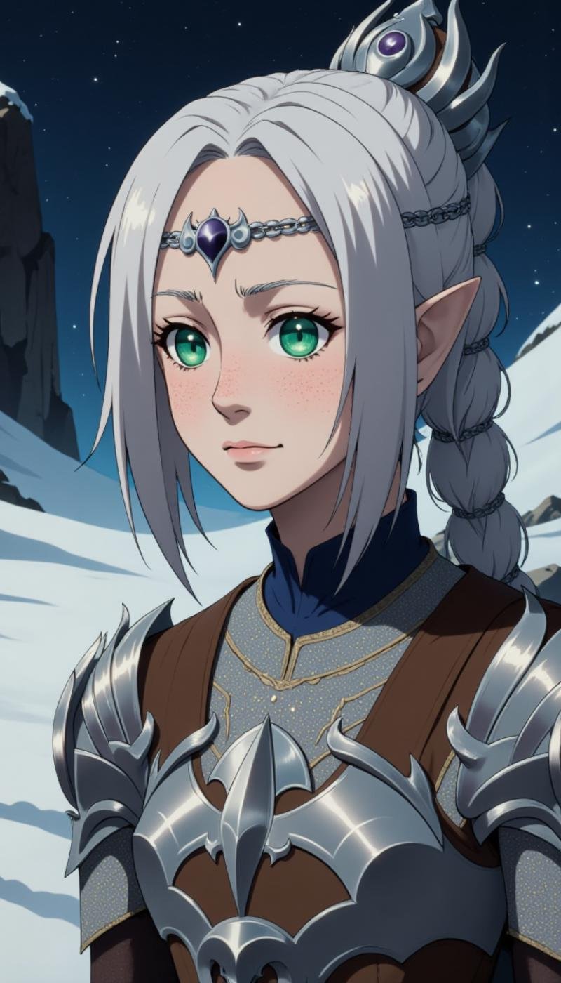 A (80s anime screencap:1.5) of a female elf character wearing armored clothes. They are a Ice Sorceress class. Doing a Attending a meeting activity in a avalanche site location. A medium shot. Highly detailed fantasy character with fantasy aesthetic. The face has freckles, pointy ears, large, expressive jade eyes. Tiara on her forehead.