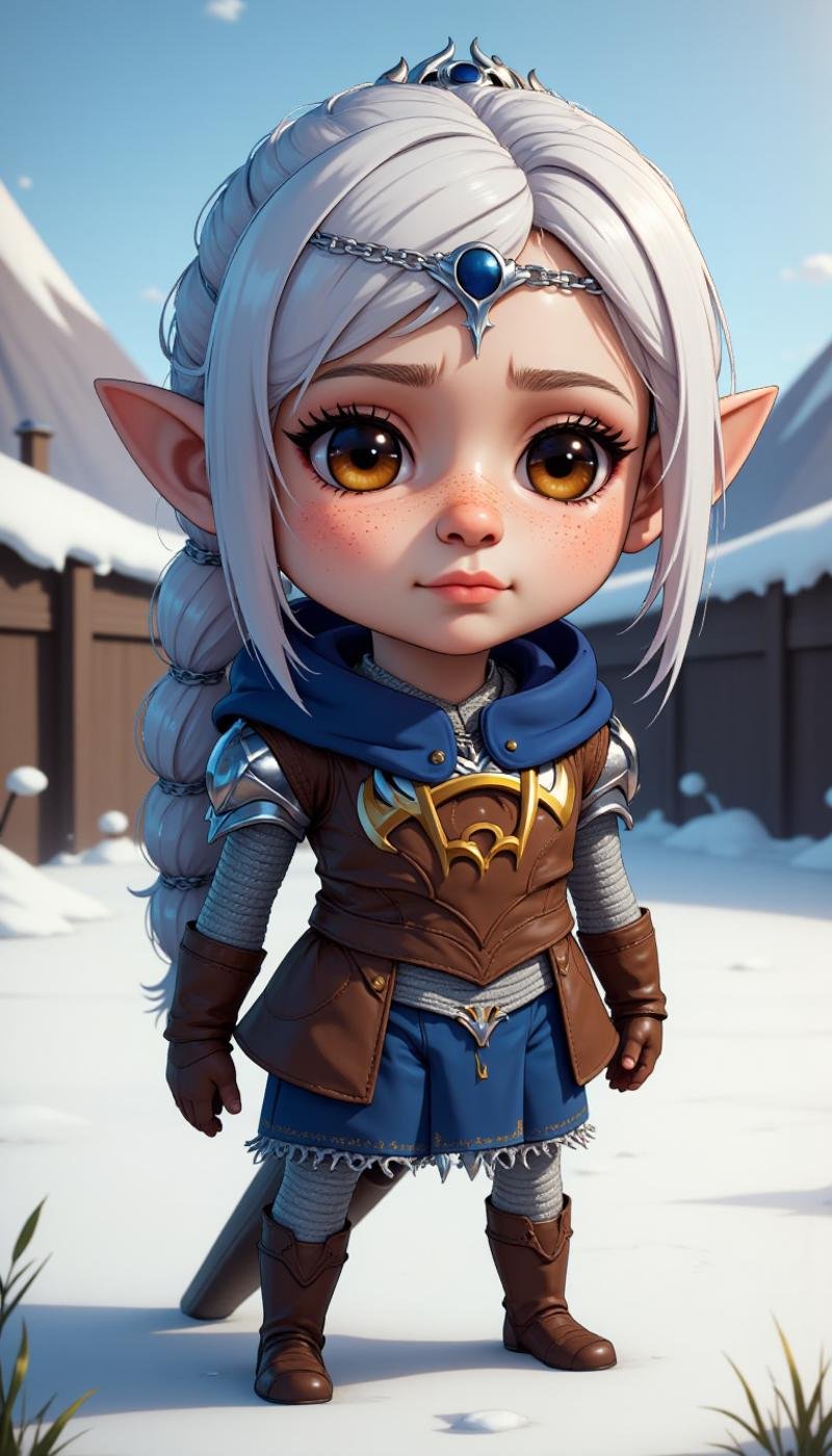 A chibi style of a female elf character wearing street clothes. They are a Crystal knight class. Doing a Baseball activity in a sub-zero tundra location. A medium shot. Highly detailed fantasy character with fantasy aesthetic. The face has freckles, pointy ears, large, expressive amber eyes. Tiara on her forehead.