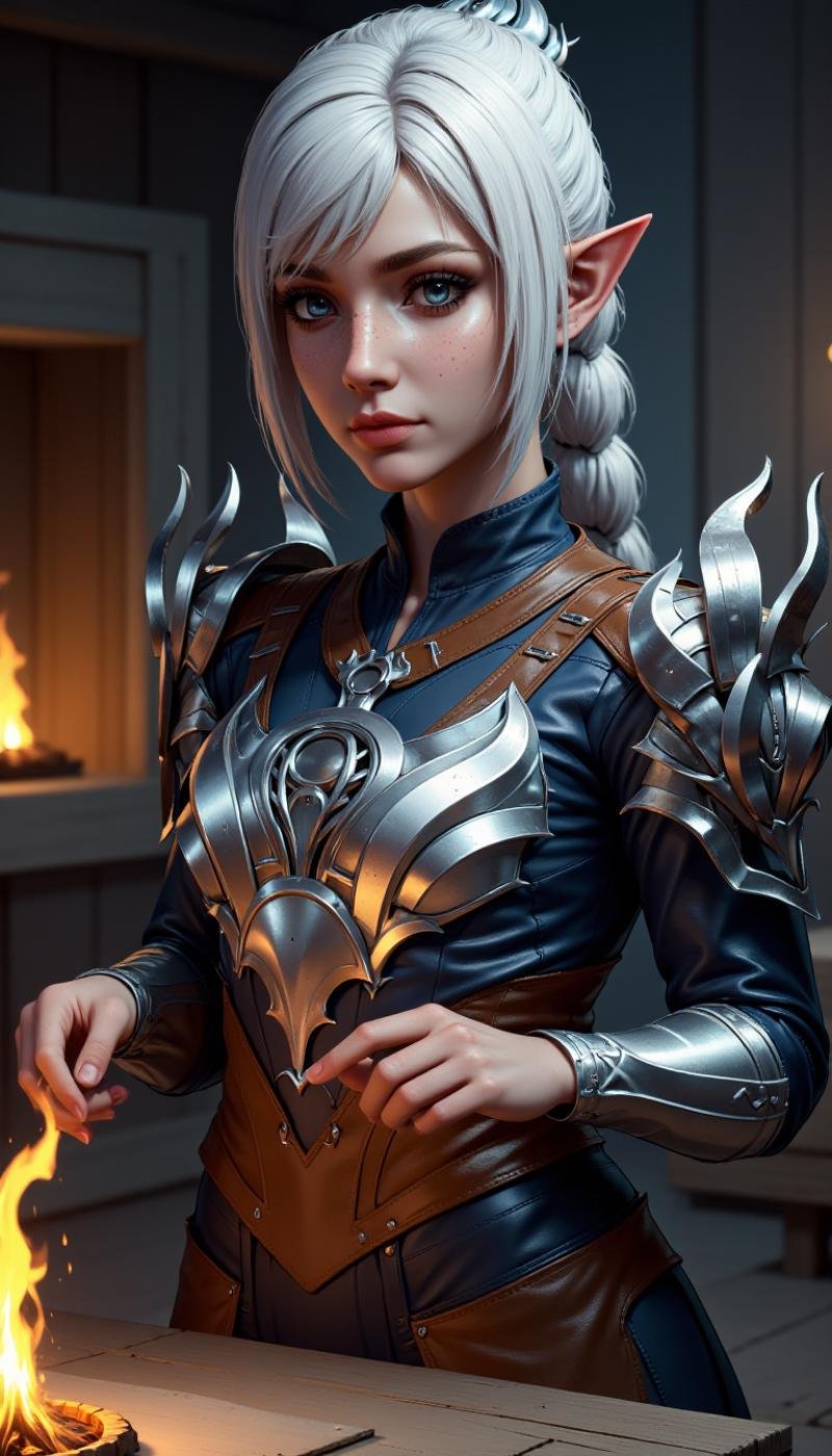 A female elf character wearing cyberpunk clothes. They are a Thunder Herald class. Doing a Cooking activity in a giant's causeway location. A full body front and side view. Highly detailed fantasy character with fantasy aesthetic. The face has freckles, pointy ears, large, expressive blue eyes.