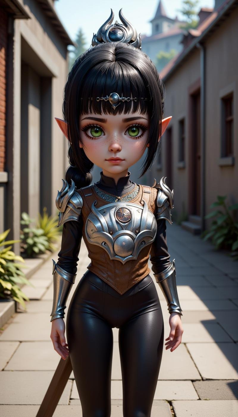 A claymation of a female character, 1girl, solo, breasts, looking at viewer, bangs, black hair, hair ornament, jewelry, standing, day, sword, armor, green eyes, nose scar, bodysuit, makeup