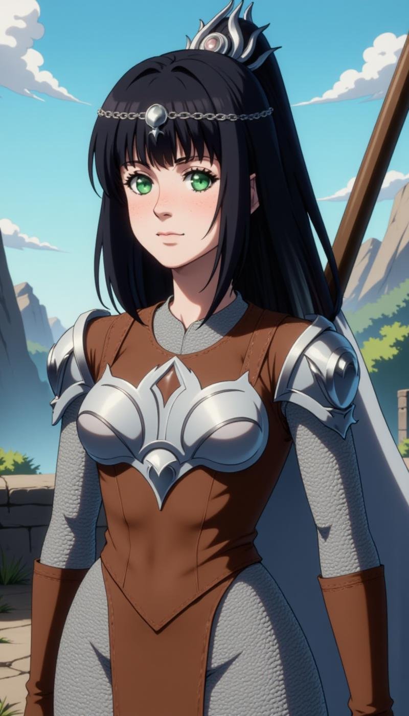 A (80s anime screencap:1.5) of a female character, 1girl, solo, breasts, looking at viewer, bangs, black hair, hair ornament, jewelry, standing, day, sword, armor, green eyes, nose scar, bodysuit, makeup