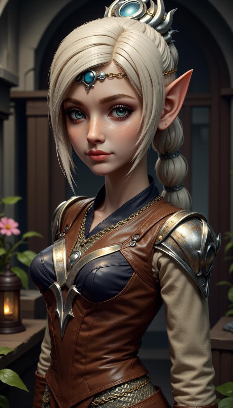 A plastic doll figure of a female elf character wearing baggy clothes. They are a Airship navigator class. Doing a Camping activity in a sunken cathedral location. . Highly detailed fantasy character with fantasy aesthetic. The face has freckles, pointy ears, large, expressive ice blue eyes. Tiara on her forehead.