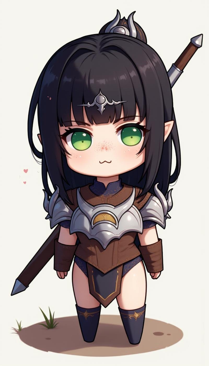 A chibi style, 1girl, bangs, black hair, ornament, jewelry, standing, day, sword, armor, green eyes, nose scar, bodysuit, makeup