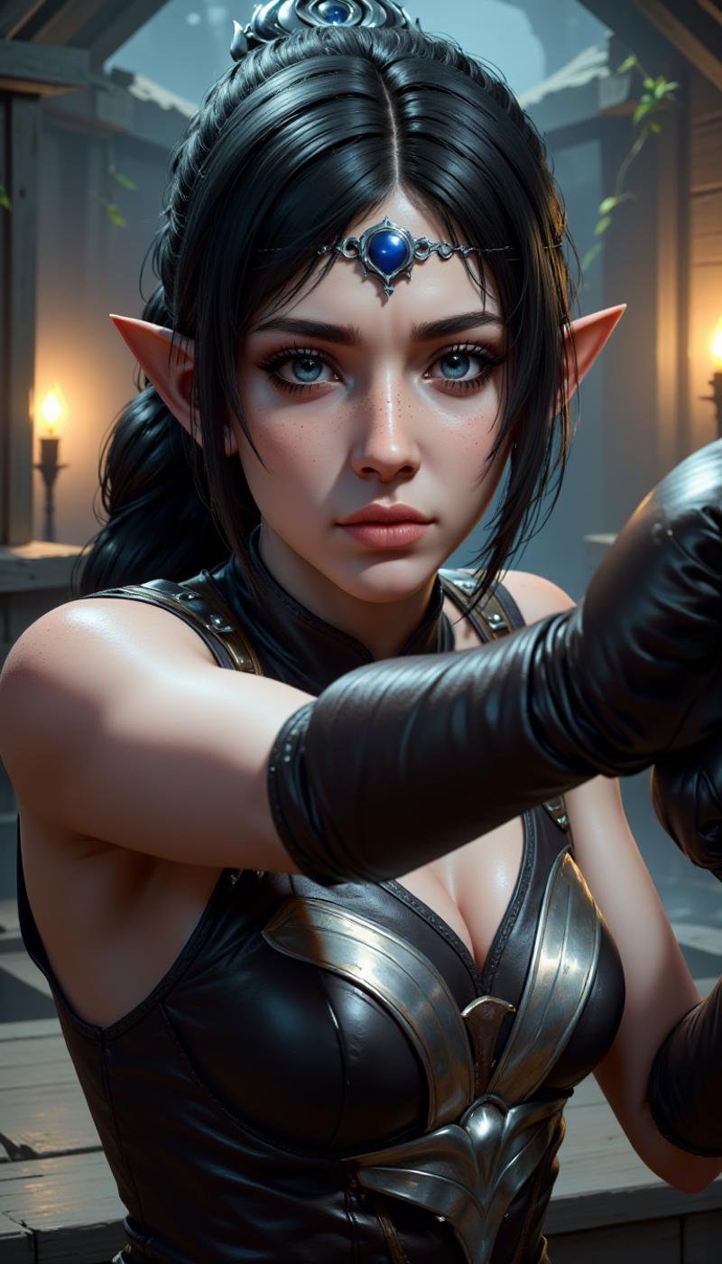 A (photorealistic photograph:1.3) of a female elf character wearing latex clothes. They are a Stormcaller class. Doing a Boxing activity in a mermaid's cove location. . Highly detailed fantasy character with fantasy aesthetic. The face has freckles, pointy ears, large, expressive peach eyes. Tiara on her forehead.