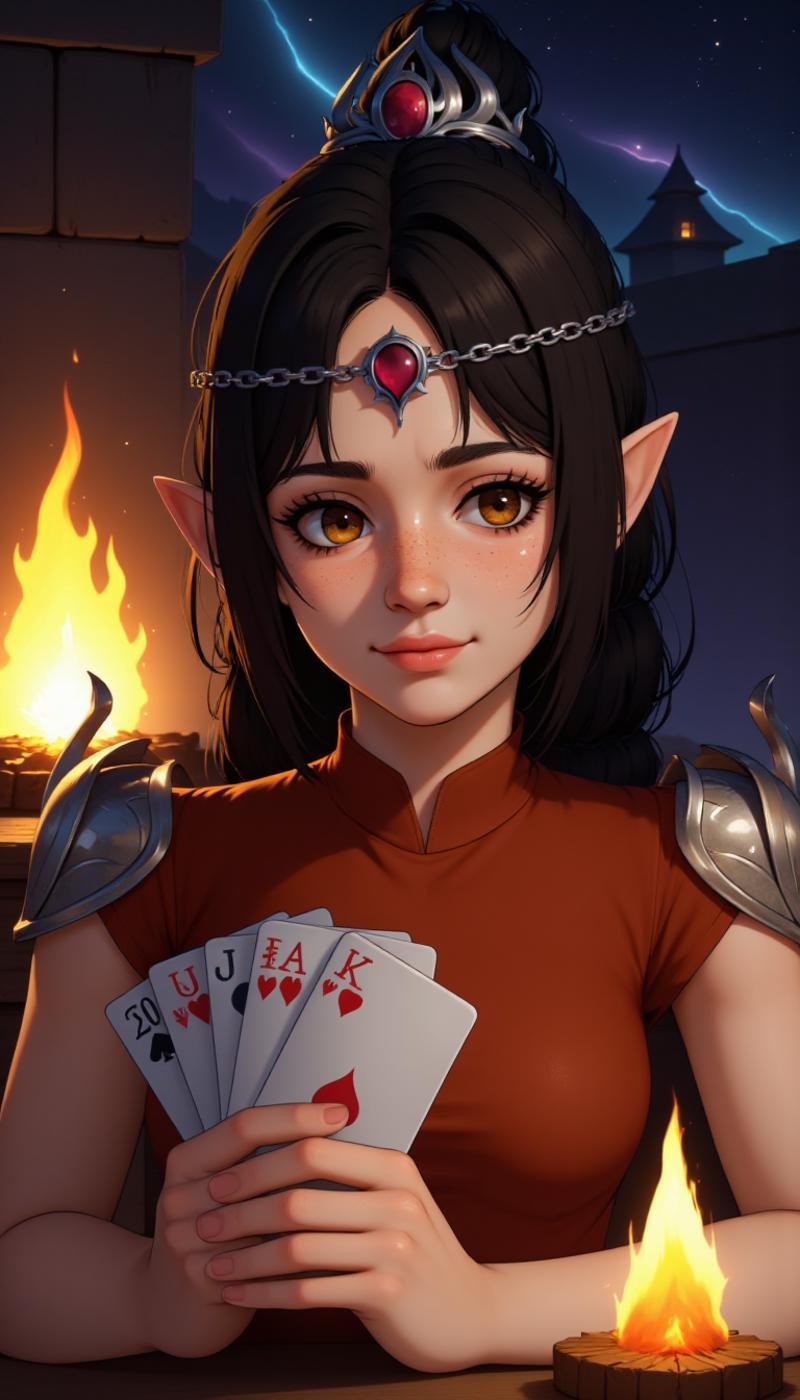 A (80s anime screencap:1.5) of a female elf character wearing silk clothes. They are a Flame Paladin class. Doing a Playing cards activity in a floating castle location. . Highly detailed fantasy character with fantasy aesthetic. The face has freckles, pointy ears, large, expressive ruby eyes. Tiara on her forehead.