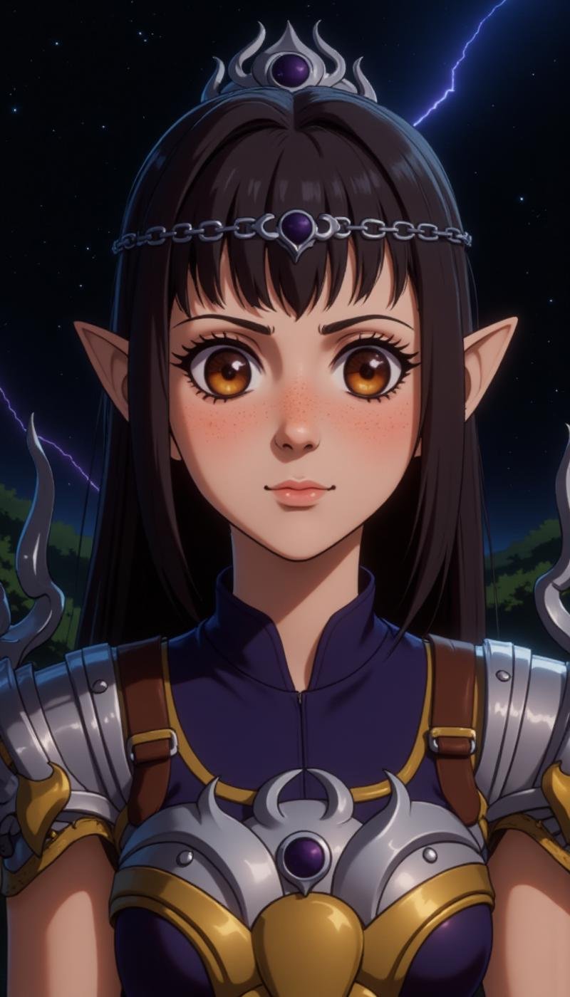 A (80s anime screencap:1.5) of a female elf character wearing latex clothes. They are a Elemental alchemist class. Doing a Cooking classes activity in a dark moon crater location. . Highly detailed fantasy character with fantasy aesthetic. The face has freckles, pointy ears, large, expressive coral eyes. Tiara on her forehead.