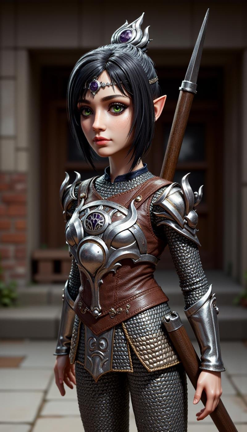 A plastic doll figure, 1girl, black hair, ornament, jewelry, standing, day, sword, armor, green eyes, nose scar, makeup