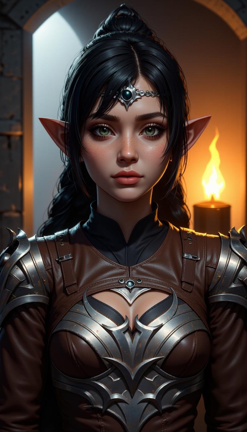 A female elf character wearing dieselpunk clothes. They are a Fire Warlock class. Doing a Making jewelry activity in a quantum tunnel location. . Highly detailed young fantasy character with fantasy aesthetic. The face has freckles, pointy ears, large, expressive black eyes.