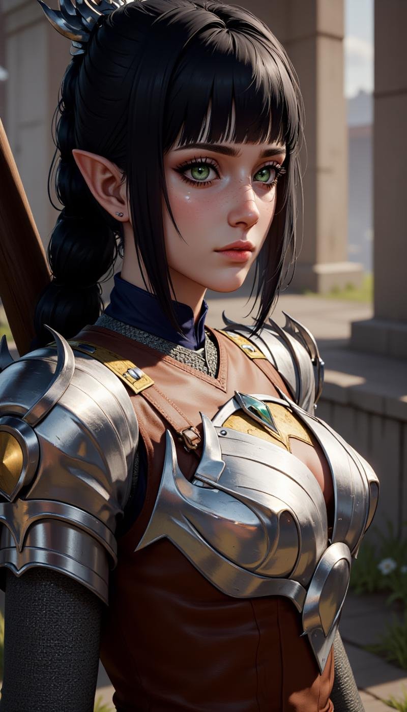 A naked NSFW round breasts visible nipples image of a female character, 1girl, solo, breasts, looking at viewer, bangs, black hair, hair ornament, jewelry, standing, day, sword, armor, green eyes, nose scar, bodysuit, makeup, scar, expressionless, blurry background,