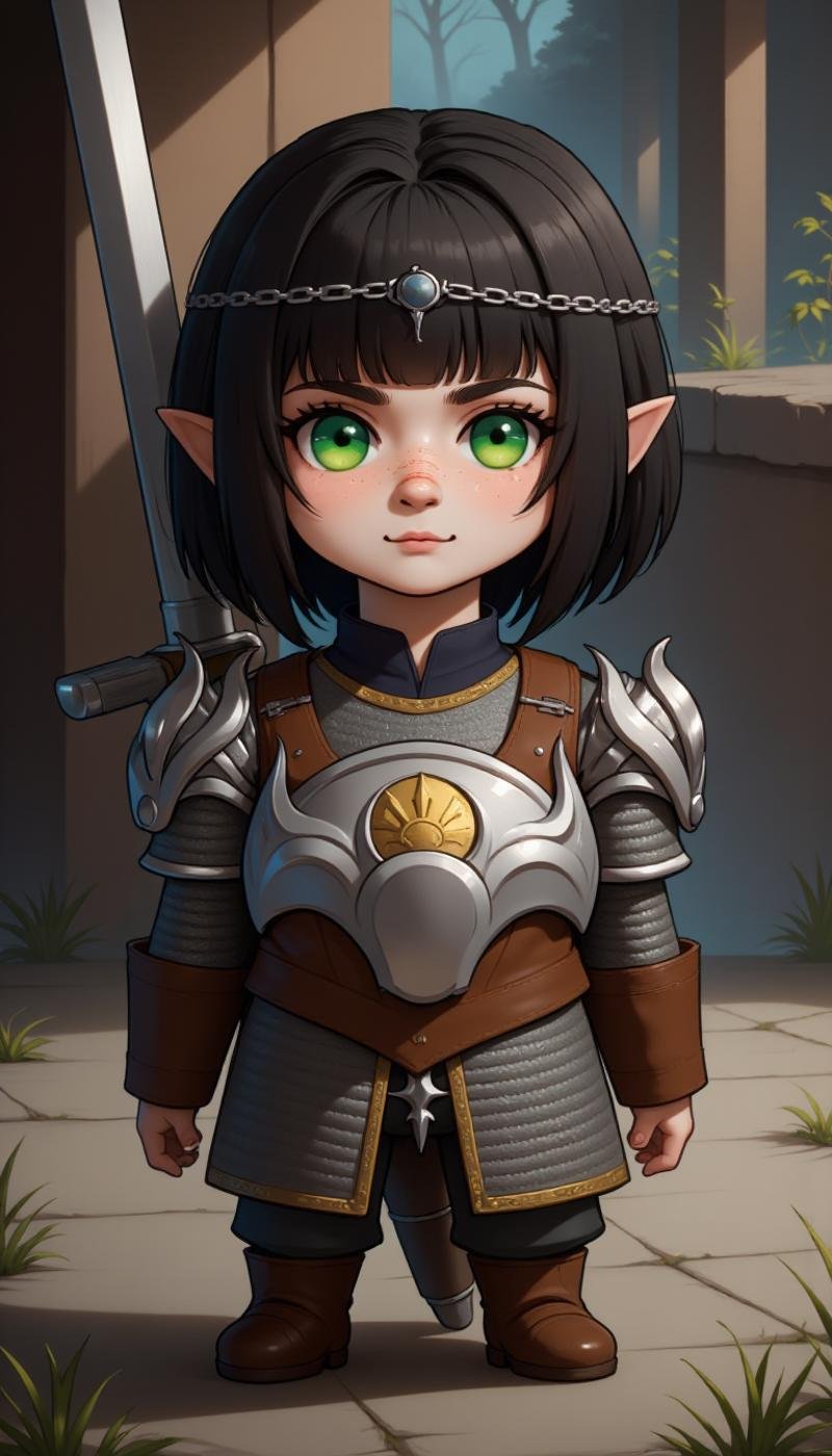 A claymation, 1girl, black hair, ornament, jewelry, standing, day, sword, armor, green eyes, nose scar, makeup