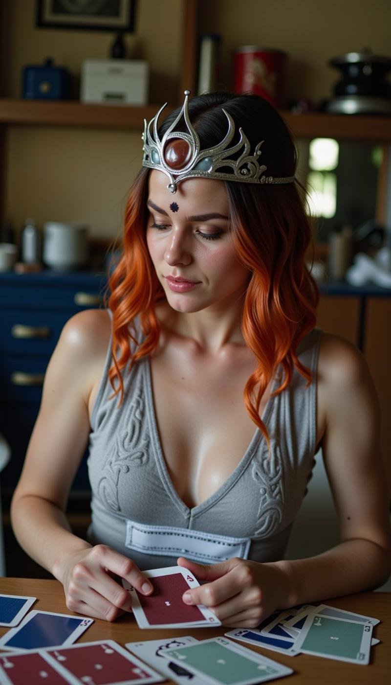 A realistic photo of a Sh4d0wh34rt woman wearing a silver crown under the hair and with a (scar:1.3) on the nose. cosplaying as Basketball Player Playing cards in a garage.Extremely detailed hyper-realistic award-winning photo shot using a Kodak using Æ/2.8.