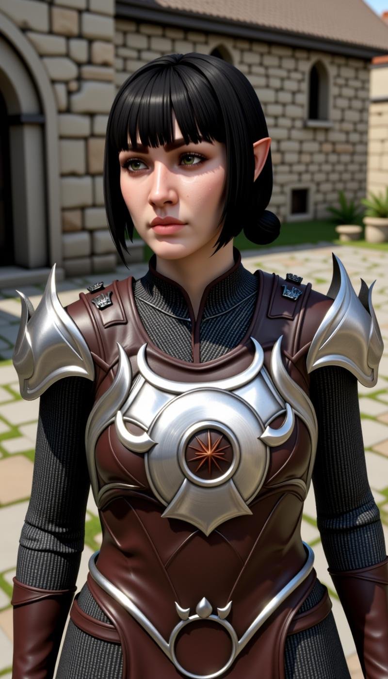 a sh4d0wh34rt female character.  This is a high-resolution digital image in fantasy style, depicting young woman with pale, fair complexion and straight black hair styled short bob bangs. She wears detailed, ornate suit of armor that appears to be crafted from mix metal leather. The features intricate, silver designs central circular emblem has sunburst pattern, the shoulders are adorned metallic, angular plates add sense strength protection. also includes metallic collar delicate, design at back her neck.The background reveals stone building aged, weathered walls, suggesting medieval or setting. ground covered mixture tiles patches grass, adding rustic ambiance. lighting natural, casting soft shadows emphasize textures giving realistic detailed appearance. overall atmosphere one adventure readiness, woman's serious expression reflecting determined focused demeanor. signed "Fairy Tail V" top right corner, indicating series game which it originates.