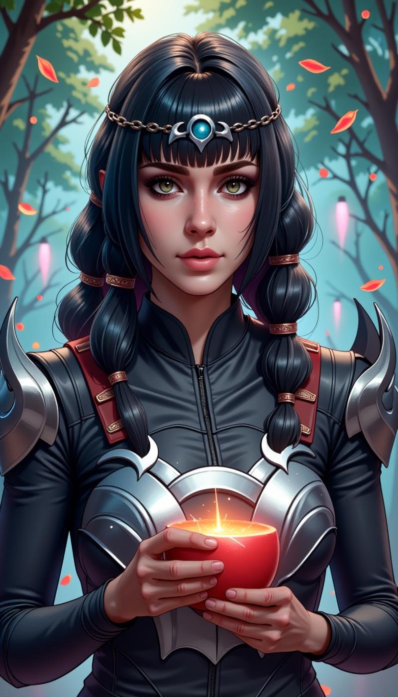 A fantasy artwork of a Sh4d0wh34rt woman.