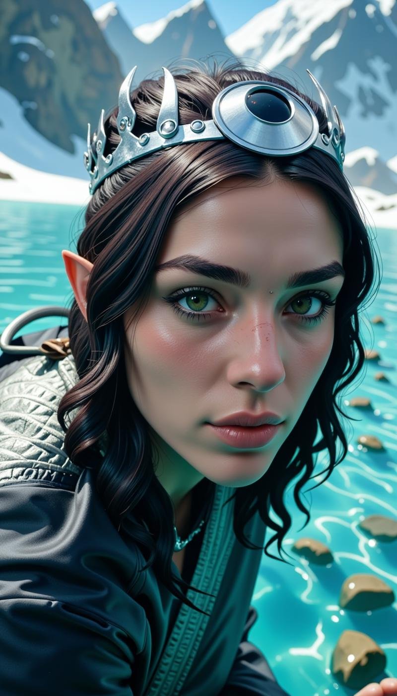 A realistic photo of a Sh4d0wh34rt woman wearing a silver crown under the hair and with a (scar:1.3) on the nose. as a fantasy class: Underwater explorer Snowboarding in a plaza.Extremely detailed hyper-realistic award-winning photo shot using a Canon EOS M50 Mark II Mirrorless Camera using Æ/1.4.