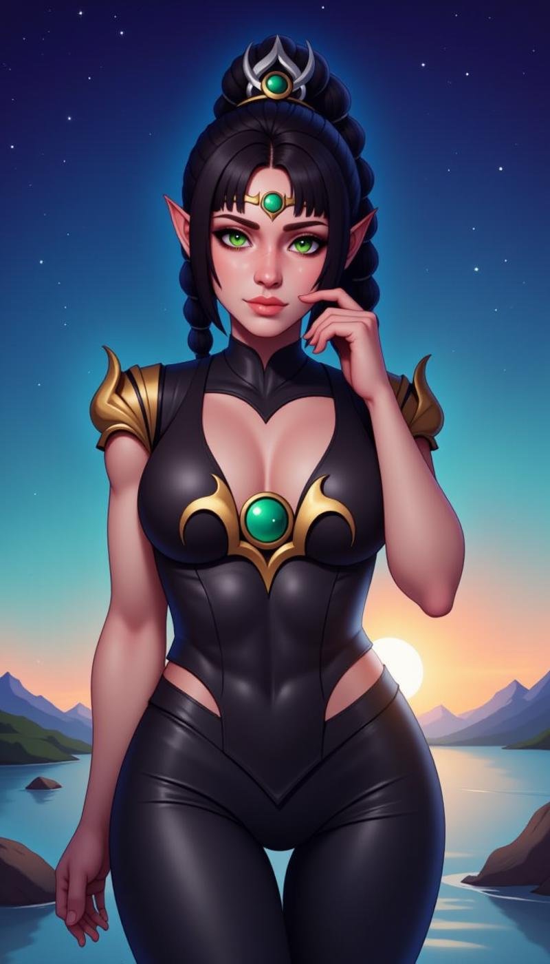 a sh4d0wh34rt female character. This is a highly detailed digital illustration in fantasy art style. The subject female elf with pointed ears, fair skin, and slender, athletic build. She has long, dark hair styled high ponytail single, thick braid. Her eyes are striking green, she wears an elaborate, ornate headpiece large, green gem the center. attire form-fitting, sleeveless outfit deep neckline that reveals significant amount of cleavage, accentuating her medium-sized breasts. top made dark, glossy material gold accents form V-shape on chest. also tight, black pants highlight curvaceous hips legs.The background serene, twilight sky gradient transitioning from blue at to soft orange near horizon, suggesting either sunrise or sunset. There faint, distant mountains few floating stars, adding mystical atmosphere. lighting even, giving image smooth, polished appearance. overall mood one mystique, focus character's confident regal presence.