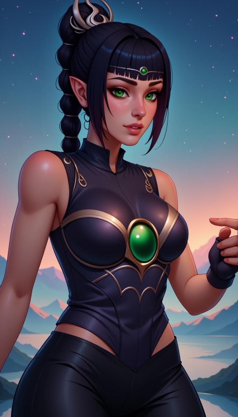 a sh4d0wh34rt female character. This is a highly detailed digital illustration in fantasy art style. The subject female elf with pointed ears, fair skin, and slender, athletic build. She has long, dark hair styled high ponytail single, thick braid. Her eyes are striking green, she wears an elaborate, ornate headpiece large, green gem the center. attire form-fitting, sleeveless outfit deep neckline that reveals significant amount of cleavage, accentuating her medium-sized breasts. top made dark, glossy material gold accents form V-shape on chest. also tight, black pants highlight curvaceous hips legs.The background serene, twilight sky gradient transitioning from blue at to soft orange near horizon, suggesting either sunrise or sunset. There faint, distant mountains few floating stars, adding mystical atmosphere. lighting even, giving image smooth, polished appearance. overall mood one mystique, focus character's confident regal presence.