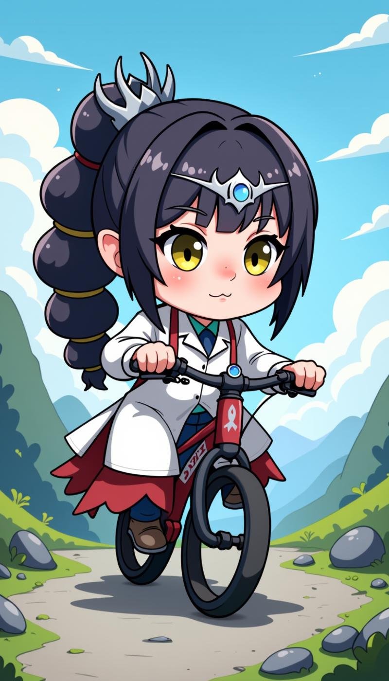 A chibi image of a Sh4d0wh34rt woman wearing a silver crown under the hair and with a (scar:1.3) on the nose. cosplaying as Scientist Biking in a hollow mountain.Extremely detailed hyper-realistic award-winning photo shot using a Nikon Z fc Mirrorless Camera using Æ/8.