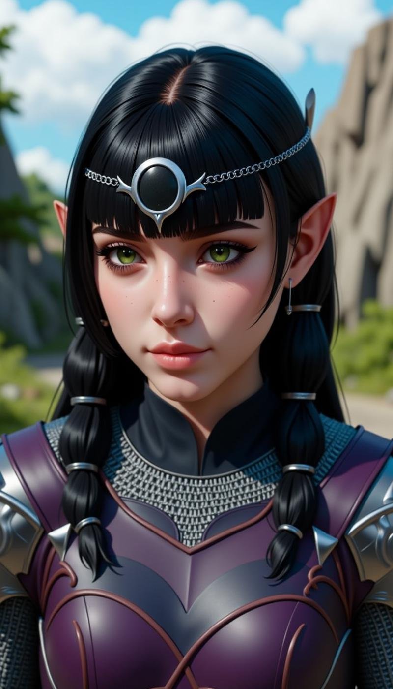 a sh4d0wh34rt female character.  This is a highly detailed, realistic digital image depicting close-up of young woman with an elf-like appearance. She has long, straight black hair bangs that frame her face, and eyes are striking green. wears distinctive headpiece adorned circular, black-and-white design sits above forehead. Her skin tone fair hint freckles on cheeks.The dressed in medieval-style armor, featuring dark purple tunic high collar, which visible at the bottom image. armor intricate, metallic details brown leather texture, shoulder pads. also silver chain mail vest covers chest upper arms.In background, there blurred, natural landscape rocky outcrops green foliage, suggesting rural or wilderness setting. The sky partly cloudy few scattered white clouds. set against light blue gradient, giving it slightly surreal feel. overall mood one adventure readiness, subject's expression reflecting calm, focused demeanor.