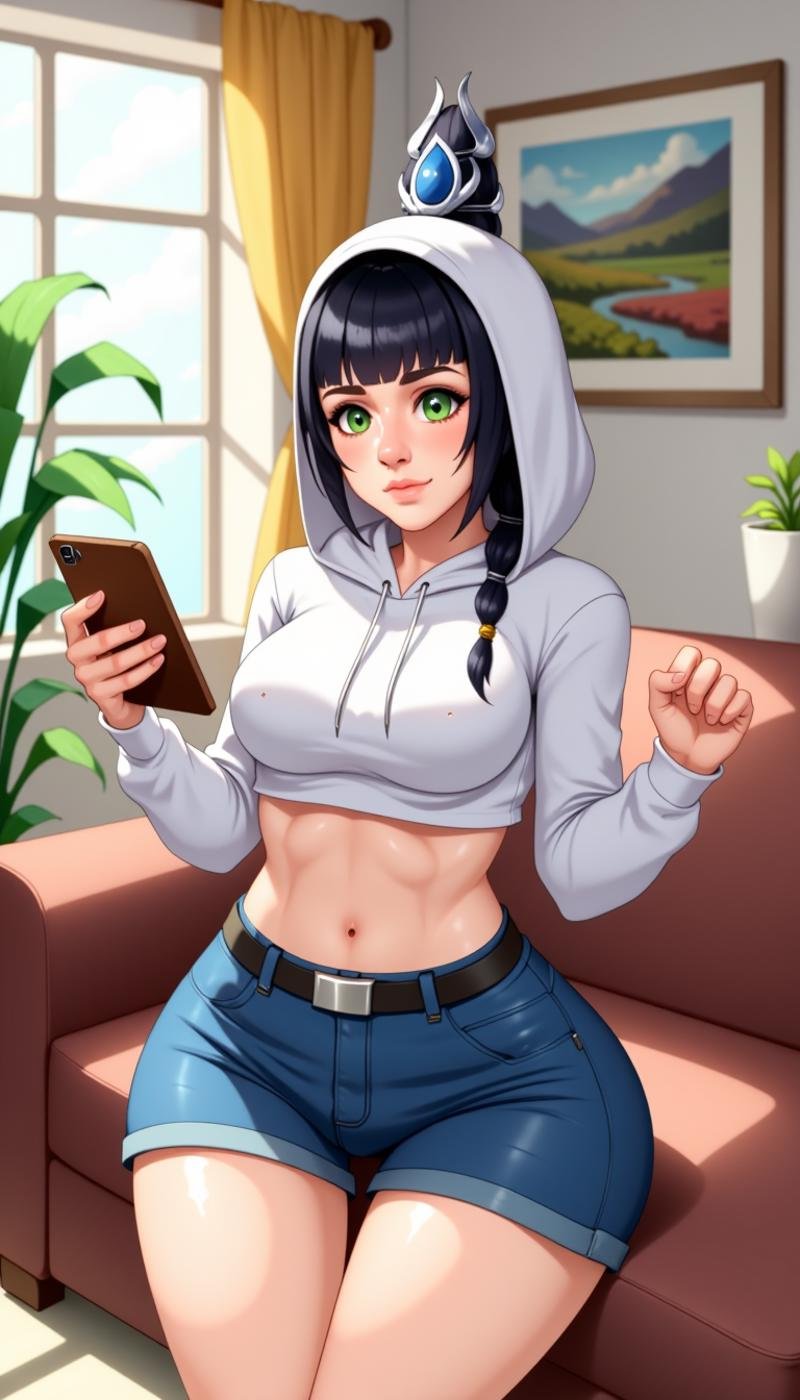 a sh4d0wh34rt female character.  This is a digital illustration in highly detailed, semi-realistic anime style. The subject young woman with fair skin, pointed elf ears, and long, straight black hair styled thick braid. She wears white, long-sleeved hoodie hood that pulled over her head, revealing bare midriff small, blue gemstone headpiece. Her eyes are large green, she has slightly pensive expression. also wearing tight, denim shorts show off toned, athletic physique, frayed hemline.The background features cozy, sunlit living room brown, cushioned couch. A window to the left allows natural light stream in, casting soft shadows across room. Two potted plants lush green leaves flank window. walls painted warm, off-white color, framed landscape painting hangs on wall right, adding touch of nature interior. overall scene exudes relaxed, intimate atmosphere, focus woman's confident yet contemplative demeanor.