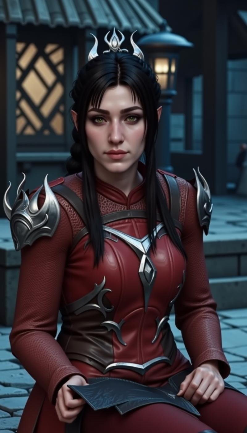 a sh4d0wh34rt female character. In-game video game screenshot. GUI. Fantasy RPG.