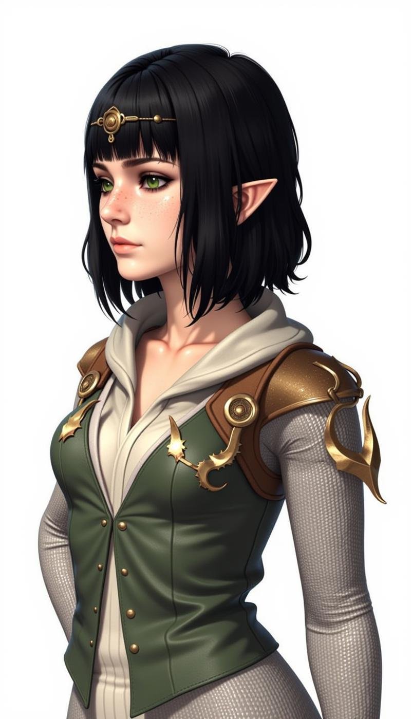 a sh4d0wh34rt female character, 1girl, bangs, black hair, ornament, jewelry, standing, armor, green eyes, nose scar, makeup