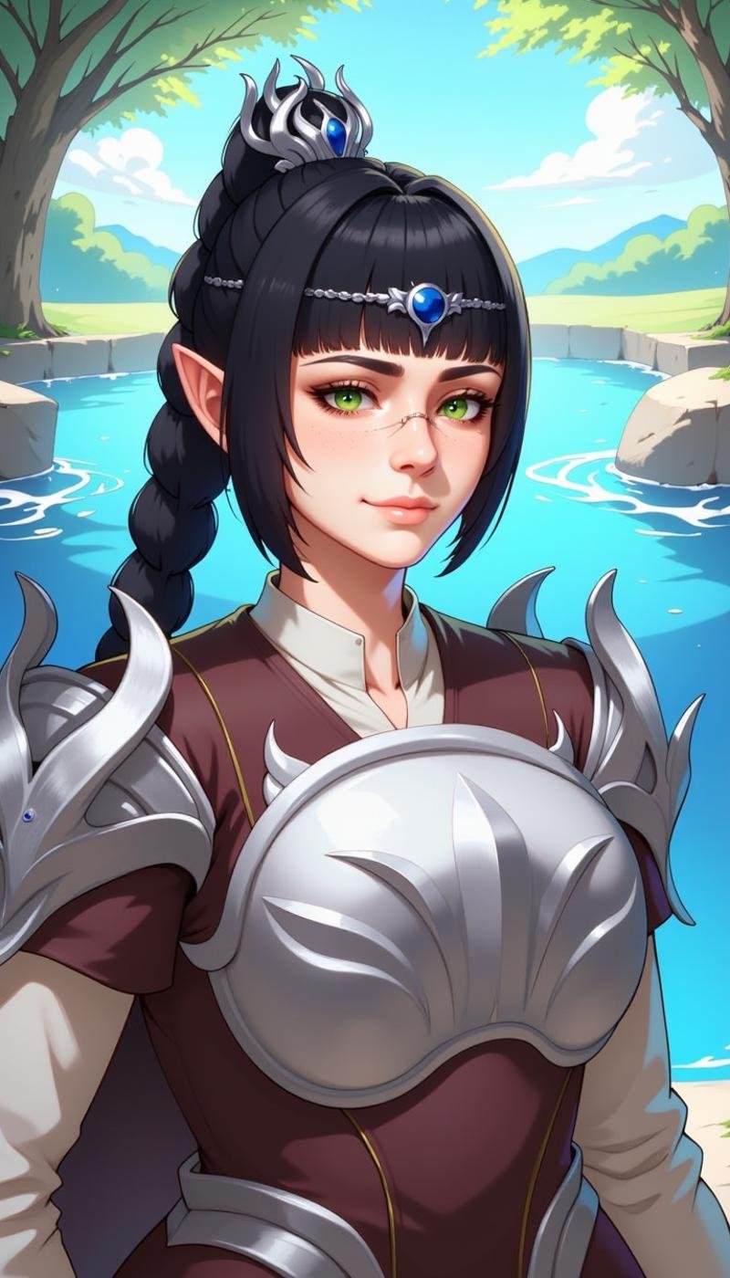 a sh4d0wh34rt female character, 1girl, solo, long hair, breasts, blush, looking at viewer, smile, bangs, black hair, hair ornament, photoshop \(medium\), shirt, long sleeves, original, jewelry, green eyes, closed mouth, ponytail, braid, upper body, hairband, sidelocks, earrings, parted lips, outdoors, day, pointy ears, blunt bangs, cape, water, armor, twin braids