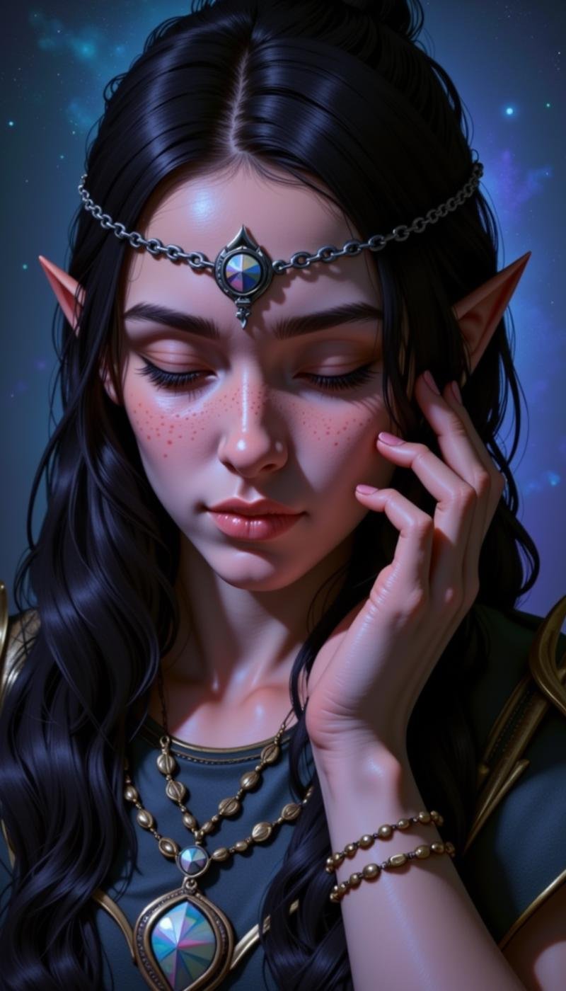 A sh4d0wh34rt female character. This image is a highly detailed digital illustration depicting fantasy elf-like character with pointed ears, fair skin, and long, dark hair. The subject young woman serene expression, her eyes closed lips slightly parted. She has delicate, feminine face hint of freckles on nose cheeks. Her skin smooth flushed, adding to the ethereal, otherworldly feel artwork.She wearing headpiece that resembles crown intricate, metallic patterns, necklace adorned beads pendants add touch attire. background textured, blend deep blues purples, creating mystical atmosphere. lighting soft moody, casting shadows highlight contours textures hair clothing.Her right hand gently touching cheek, fingers spread, subtle reflection light nails. overall style realistic focus fine details textures, making appear lifelike immersive. artist's signature visible side image, personal piece.