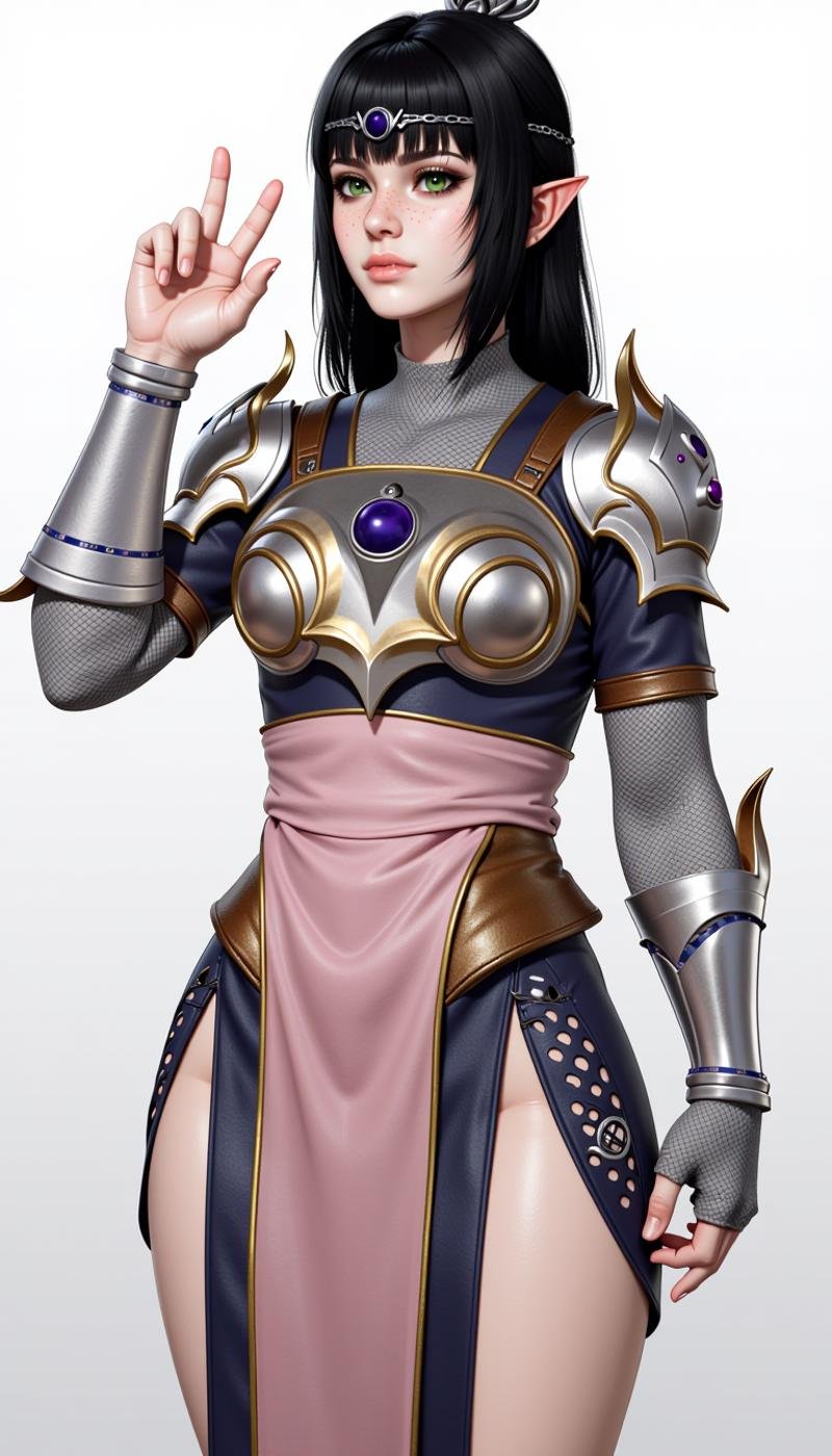 a sh4d0wh34rt female character, 1girl, bangs, black hair, ornament, jewelry, Podcasting, armor, green eyes, nose scar, wearing Perforated shorts and Sarong