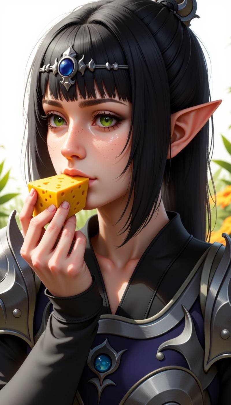 a sh4d0wh34rt female character, 1girl, bangs, black hair, ornament, jewelry, Cheese tasting, armor, green eyes, nose scar, as a fantasy class: Spellblade