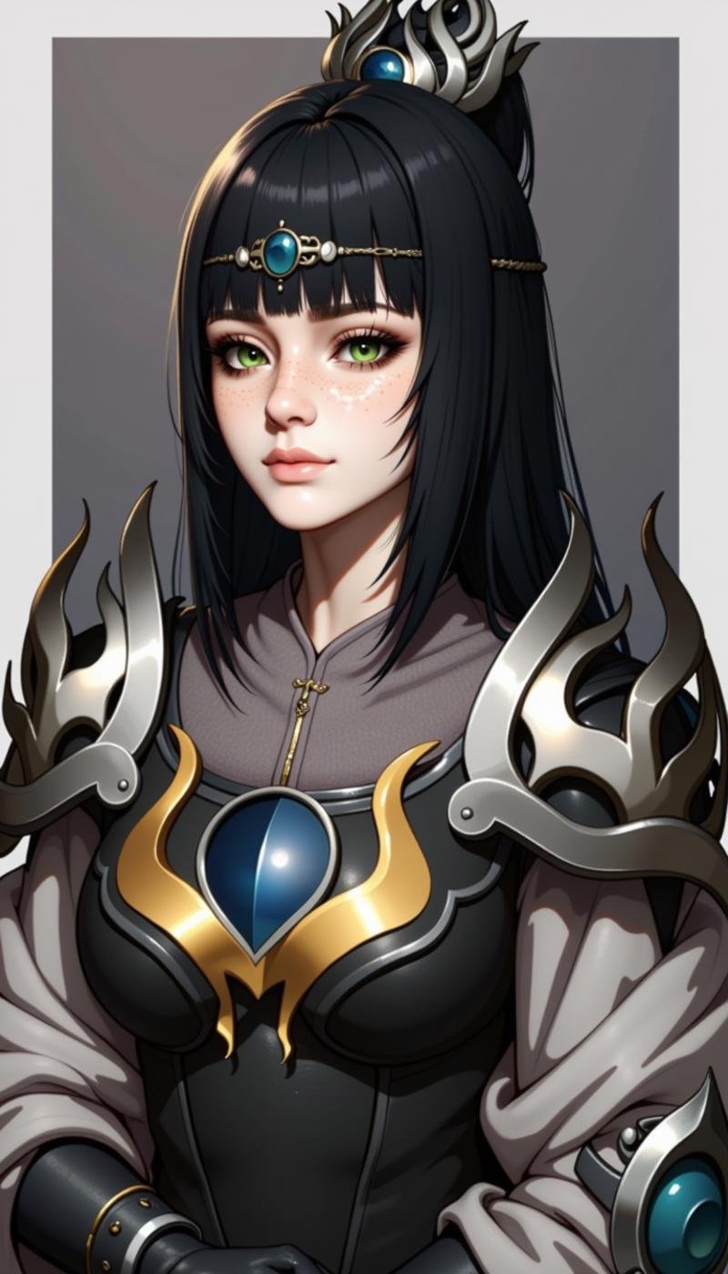 a sh4d0wh34rt female character, 1girl, bangs, black hair, ornament, jewelry, standing, armor, green eyes, nose scar, makeup