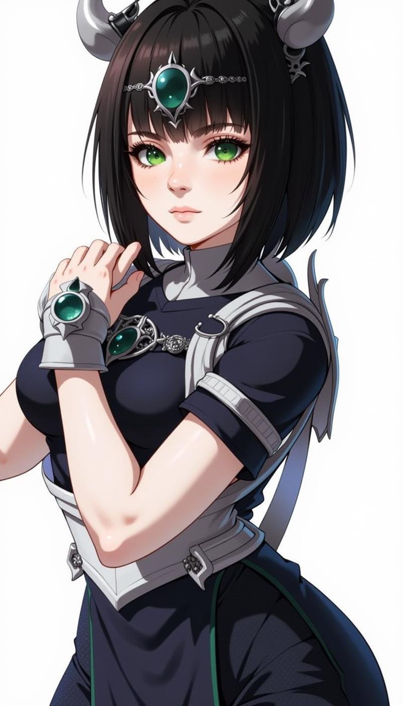 a sh4d0wh34rt female character, 1girl, bangs, black hair, ornament, jewelry, standing, armor, green eyes, nose scar, makeup