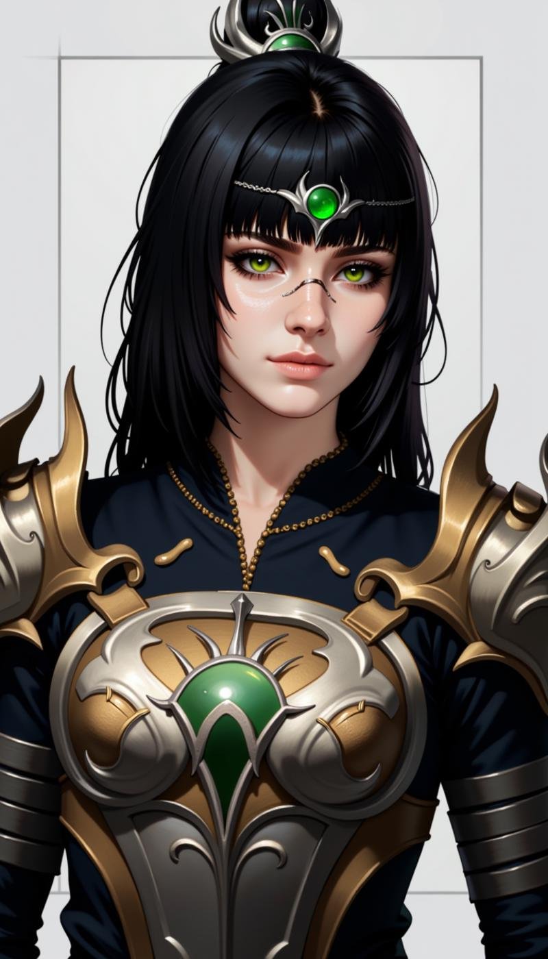 a sh4d0wh34rt female character, 1girl, bangs, black hair, ornament, jewelry, standing, armor, green eyes, nose scar, makeup