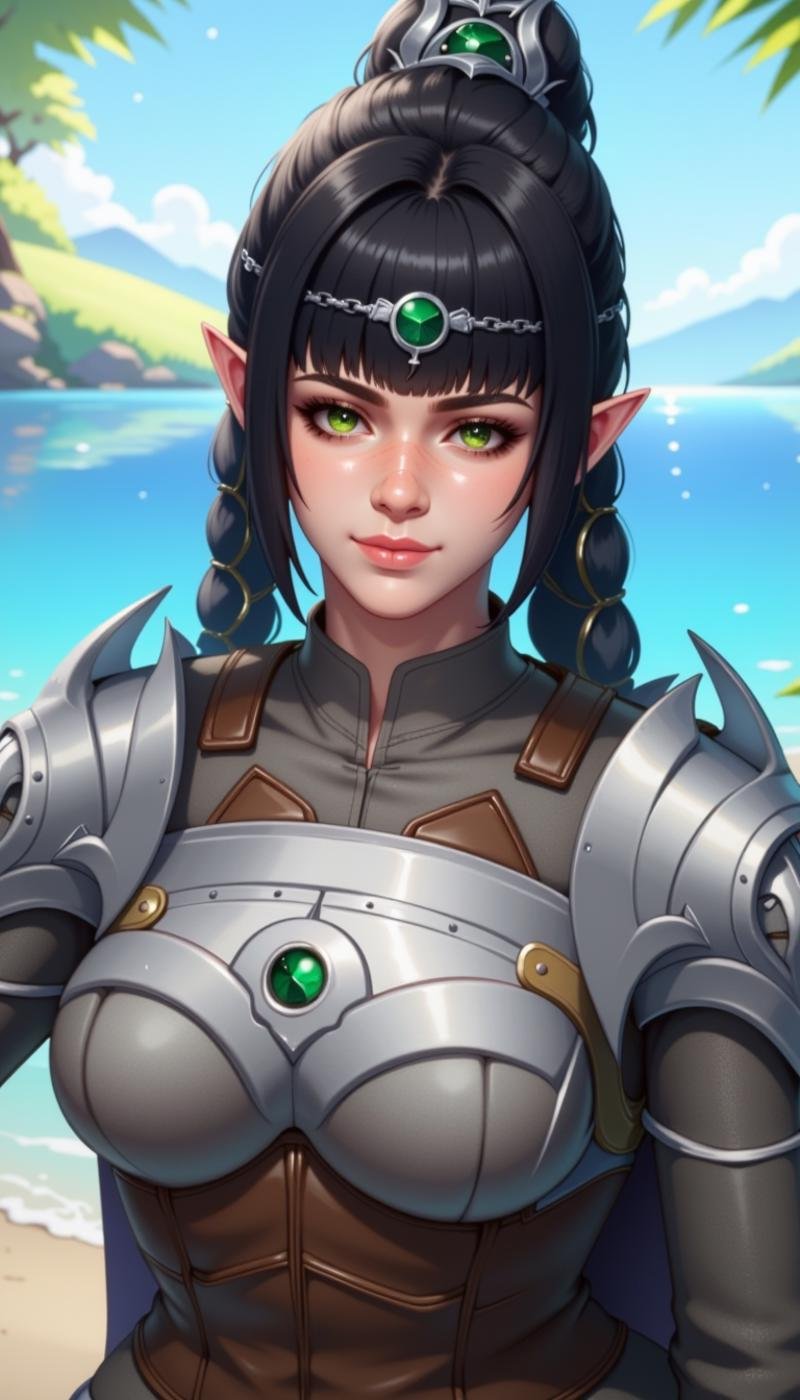 a sh4d0wh34rt female character, 1girl, solo, long hair, breasts, blush, looking at viewer, smile, bangs, black hair, hair ornament, photoshop \(medium\), shirt, long sleeves, original, jewelry, green eyes, closed mouth, ponytail, braid, upper body, hairband, sidelocks, earrings, parted lips, outdoors, day, pointy ears, blunt bangs, cape, water, armor, twin braids