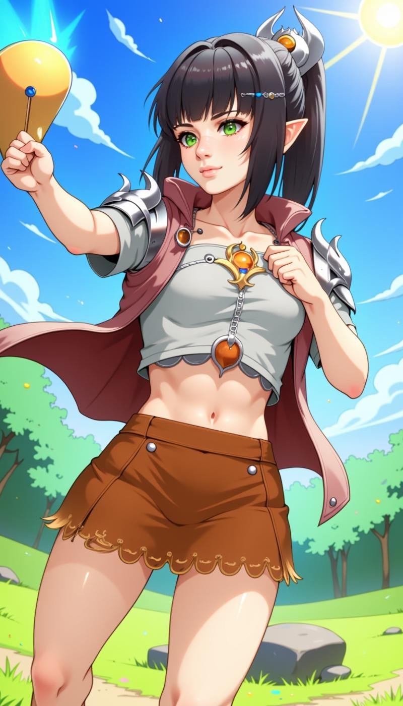 a sh4d0wh34rt female character, 1girl, bangs, black hair, ornament, jewelry, Playing Frisbee golf, armor, green eyes, nose scar, wearing Origami skirts and High-waisted bikini