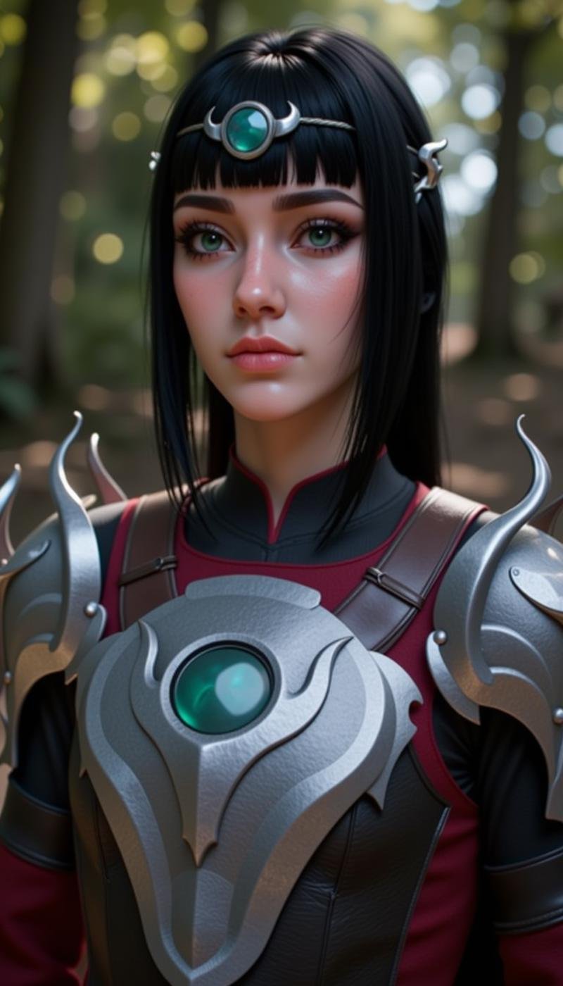 a sh4d0wh34rt female character, 1girl, bangs, black hair, ornament, jewelry, standing, armor, green eyes, nose scar, makeup