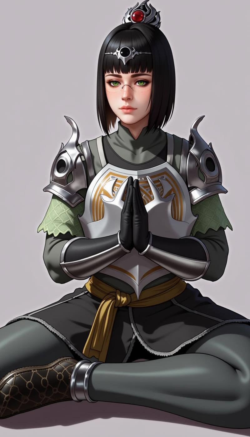 a sh4d0wh34rt female character, 1girl, bangs, black hair, ornament, jewelry, Meditating, armor, green eyes, nose scar, wearing Paneled skirts and Mesh top