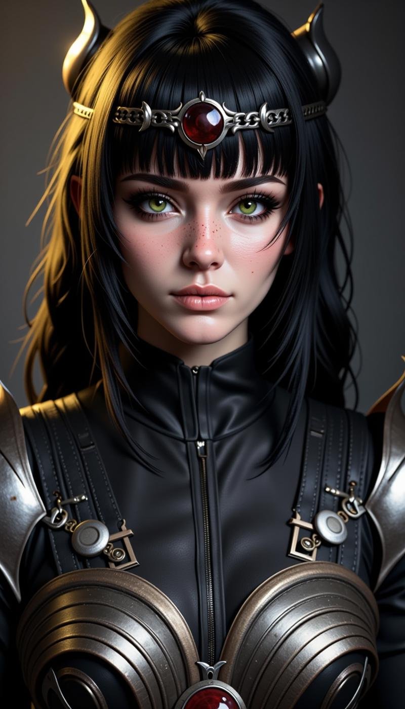 a sh4d0wh34rt female character, 1girl, bangs, black hair, ornament, jewelry, Networking, armor, green eyes, nose scar, as a fantasy class: Clockwork assassin