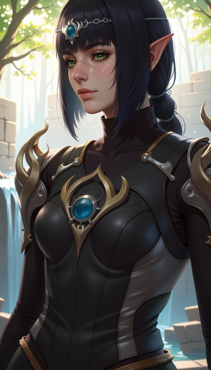 a sh4d0wh34rt female character, 1girl, bangs, black hair, ornament, jewelry, standing, armor, green eyes, nose scar, makeup