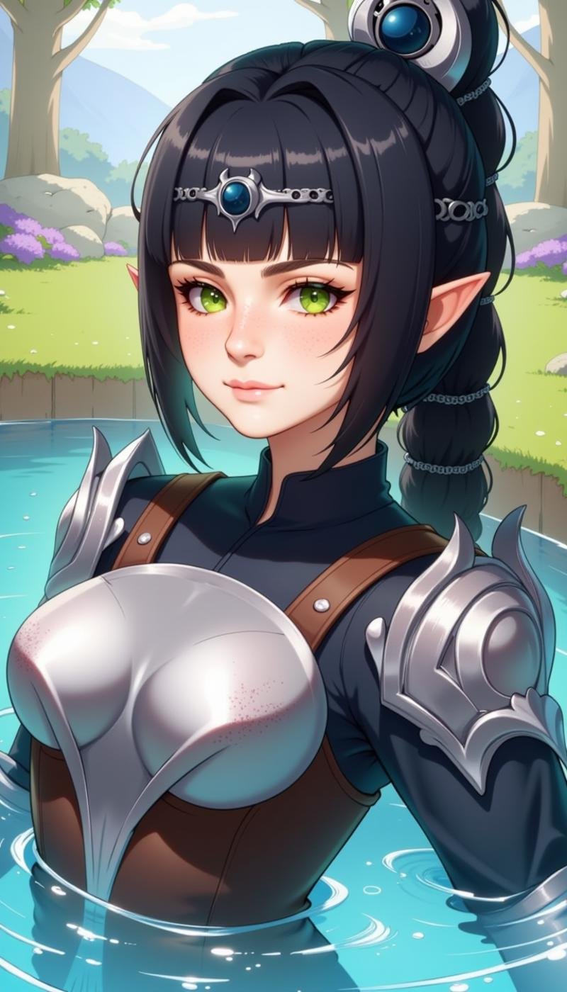 a sh4d0wh34rt female character, 1girl, solo, long hair, breasts, blush, looking at viewer, smile, bangs, black hair, hair ornament, photoshop \(medium\), shirt, long sleeves, original, jewelry, green eyes, closed mouth, ponytail, braid, upper body, hairband, sidelocks, earrings, parted lips, outdoors, day, pointy ears, blunt bangs, cape, water, armor, twin braids