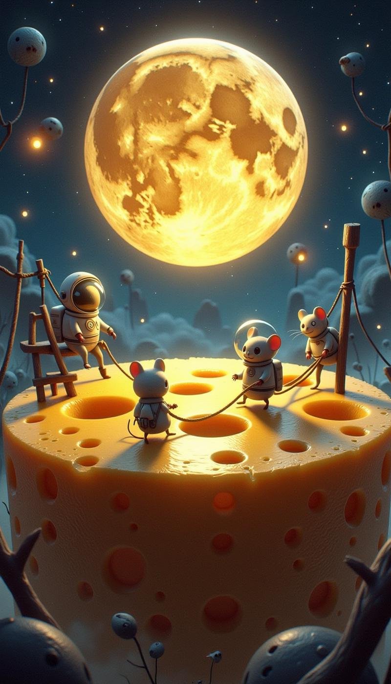 <lora:CozySpookyStyleFlux:1>CozySpookyStyle atmospheric dark and charming. (dark brown color themed:0.5). surreal digital art of a full moon made of cheese, craters resembling holes in swiss cheese, set against a starry night sky, astronaut mice exploring the cheese surface, using ropes and ladders, warm orange and yellow hues, cool blue and purple tones for the sky, crisp and clear details, high contrast, glossy and creamy texture for the cheese, lens flares, depth of field, dramatic lighting, intricate shadows, artstation, concept art, illustration, wallpaper, splash art, promo art. Digital illustration.