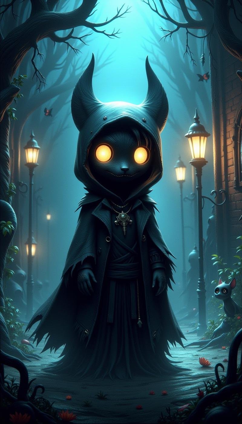 <lora:CozySpookyStyleFlux:1>CozySpookyStyle atmospheric dark and charming. (Teal color themed:0.5). noble protector of the underworld. Digital illustration.