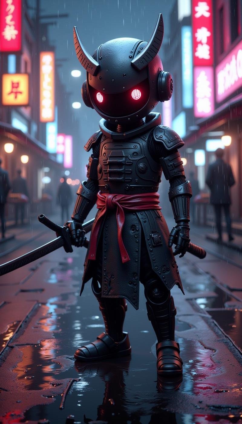 <lora:CozySpookyStyleFlux:1>CozySpookyStyle atmospheric dark and charming. (dark red color themed:0.5). 3D render of a robotic samurai in futuristic Tokyo, neon lights, rainy night, cyberpunk atmosphere, metallic textures, glowing eyes, action pose, sword held high, reflections, vibrant colors, bokeh background, digital art, sharp details, high contrast, dramatic shadows, artstation, concept art, illustration, wide angle, artbook, wallpaper, promo art, splash art. Digital illustration.