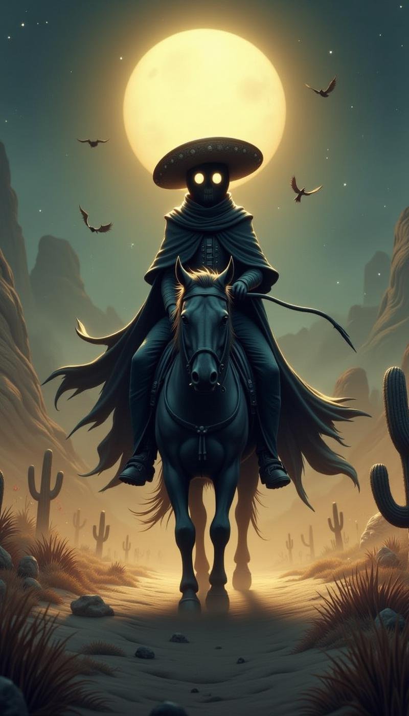 <lora:CozySpookyStyleFlux:1>CozySpookyStyle atmospheric dark and charming. (yellow color themed:0.5). a ghostly Spanish Conquistador riding through a barren desert. Digital illustration.