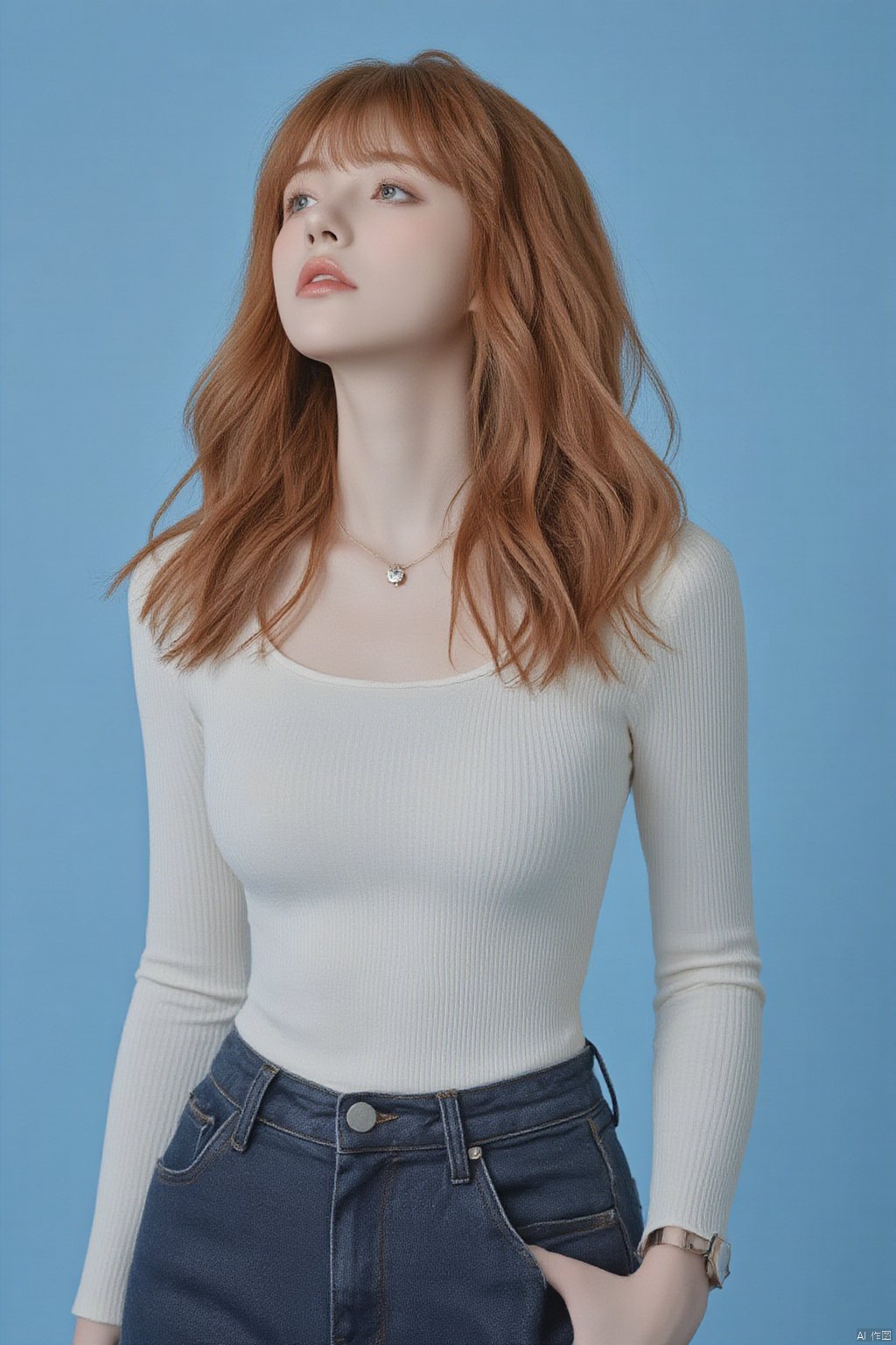 This professional studio headshot captures a striking sad1es1nk standing against a plain blue background, allowing her vibrant features and carefully chosen outfit to take center stage. Her luscious, wavy ginger hair cascades gracefully down her back, the rich, fiery tones of her hair contrasting beautifully with the cool blue backdrop. The waves in her hair are voluminous and well-defined, adding a sense of movement and natural beauty to the composition.

She is dressed in a cream-colored, long-sleeved ribbed top that clings elegantly to her frame, highlighting her toned arms and creating a sleek, fitted look. The texture of the ribbed fabric adds depth to the top, making it a subtle yet striking piece. The top is neatly tucked into high-waisted, wide-leg dark blue jeans that elongate her silhouette, offering a flattering and balanced contrast between the fitted upper half of her outfit and the flowing, relaxed fit of the jeans. The dark blue denim is rich in color, complementing the lighter tones of her top while creating a harmonious, cohesive look.

Her left wrist is adorned with a sleek wristwatch, its metallic sheen catching the light and adding a touch of sophistication to her ensemble. Around her neck, she wears a delicate pendant necklace that rests just above her collarbone, its simplicity adding an understated elegance to her overall appearance. The necklace, with its fine chain and subtle charm, draws just the right amount of attention without overpowering the rest of her outfit.

The woman’s pose is both confident and poised, as she gazes slightly upwards with a calm, serene expression. Her eyes, framed by soft, natural makeup, reflect a sense of quiet determination and self-assuredness. Her lips are curved into a gentle, knowing smile, conveying an air of tranquility and inner peace. The plain blue background serves to keep the focus entirely on her, highlighting her striking features and the carefully curated details of her outfit. The lighting is even and soft, casting no harsh shadows, and allowing the natural beauty of her ginger hair, the textures of her clothing, and the subtle shine of her accessories to be fully appreciated. The overall composition is one of elegance and confidence, with the woman exuding a serene, timeless grace.