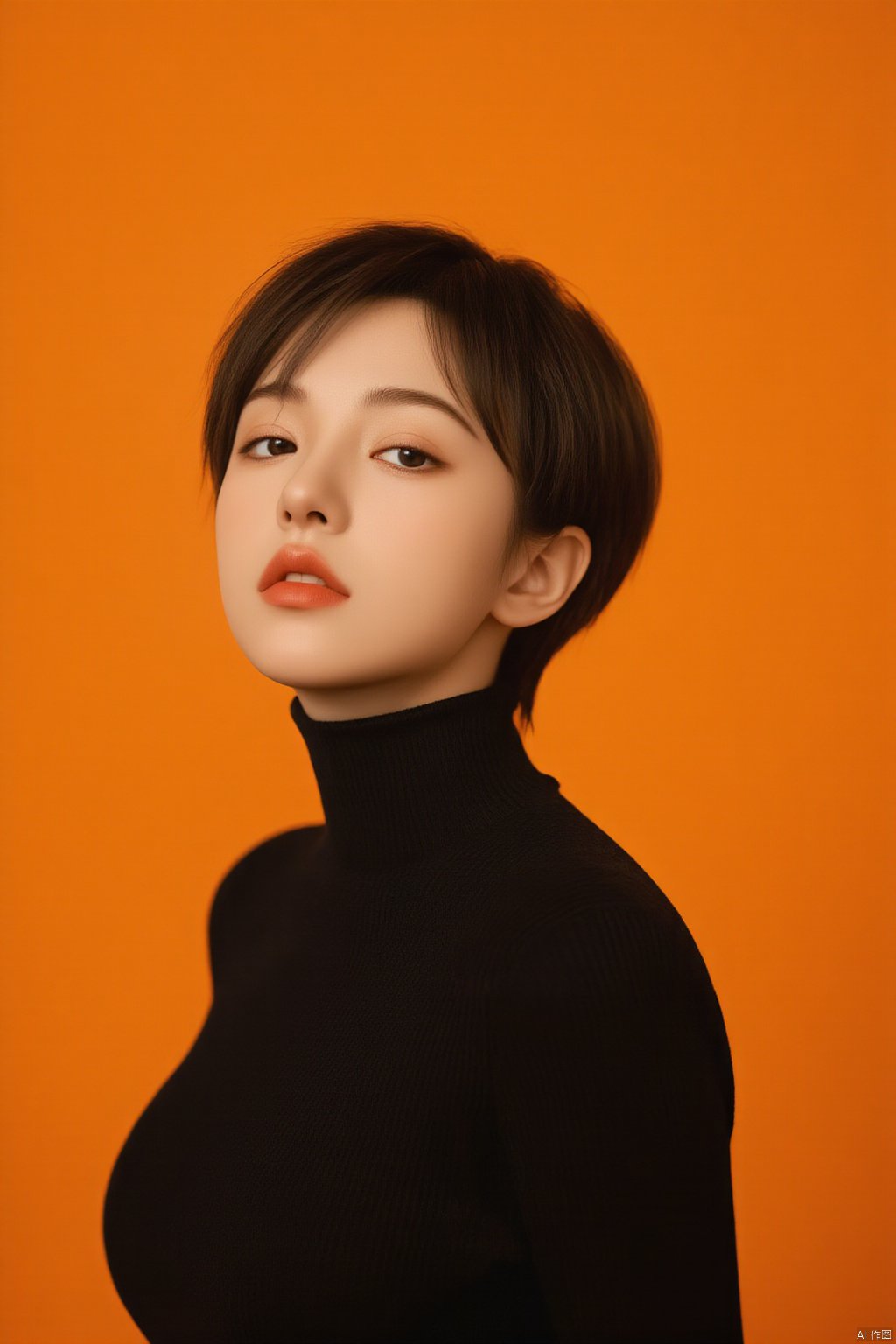 The image features a female subject against a vibrant orange background. She is portrayed with her head tilted back and eyes closed, conveying a sense of peaceful repose. The woman has short black hair, and she is wearing a black turtleneck, creating a striking contrast with the bright background. Her features are depicted with a blend of realism and artistic expression, accentuating her serene expression and the smooth contours of her face and neck. The overall ambiance of the image is tranquil and introspective, highlighted by the use of saturated colors and the clear focus on the subject’s face and upper torso. This creates a captivating visual impact that draws the viewer into a moment of quiet contemplation alongside the subject.