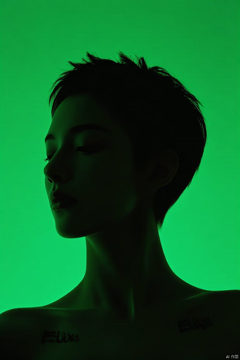 The word "FLUX" is tattooed on her neck ,The image features a profile view of a person with dark skin against a vibrant green background. The individual's head is tilted slightly upward, with closed eyes and a serene expression, offering a sense of contemplation or introspection. The lighting casts the subject mostly in silhouette, creating a striking contrast between the figure and the monochromatic green backdrop. The simplicity of the image accentuates the elegant lines of the person's facial features and neck. The short, natural hair texture of the subject is just visible against the bright backdrop. The image's overall mood is calm and introspective, with the stark color palette and silhouette conveying both simplicity and depth.