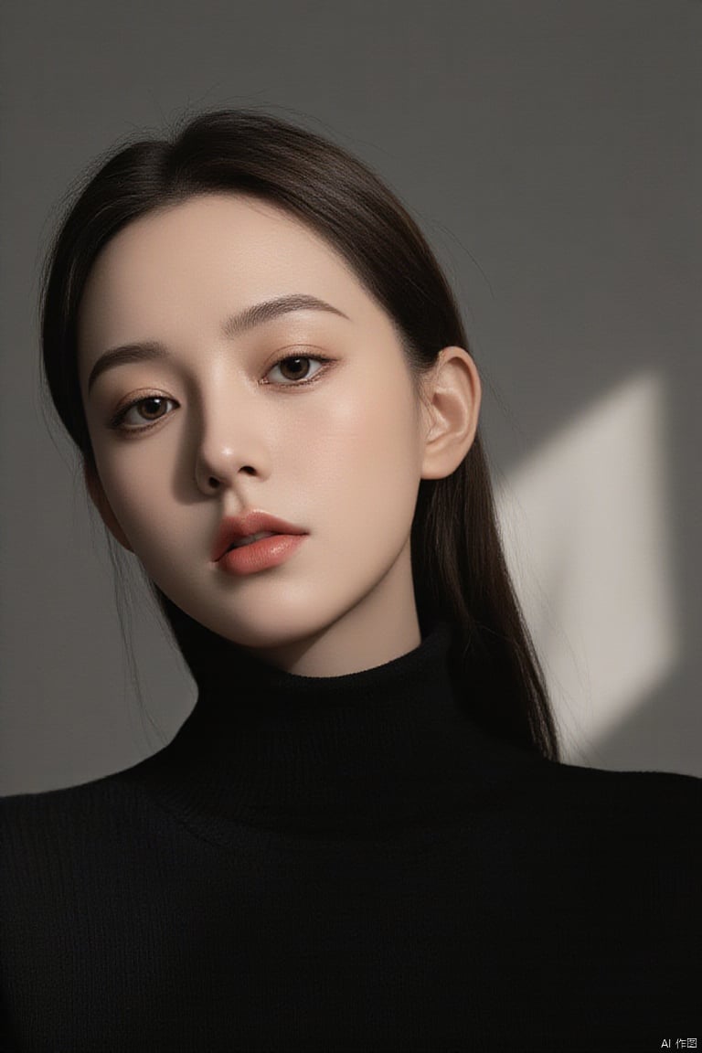 close up portrait, Amidst the interplay of light and shadows in a photography studio,a soft spotlight traces the contours of a face,highlighting a figure clad in a sleek black turtleneck. The garment,hugging the skin with subtle luxury,complements the  Caucasian model's understated makeup, long hair, embodying minimalist elegance. Behind,a pale gray backdrop extends,its fine texture shimmering subtly in the dim light,artfully balancing the composition and focusing attention on the subject. In a palette of black,gray,and skin tones,simplicity intertwines with profundity,as every detail whispers untold stories.