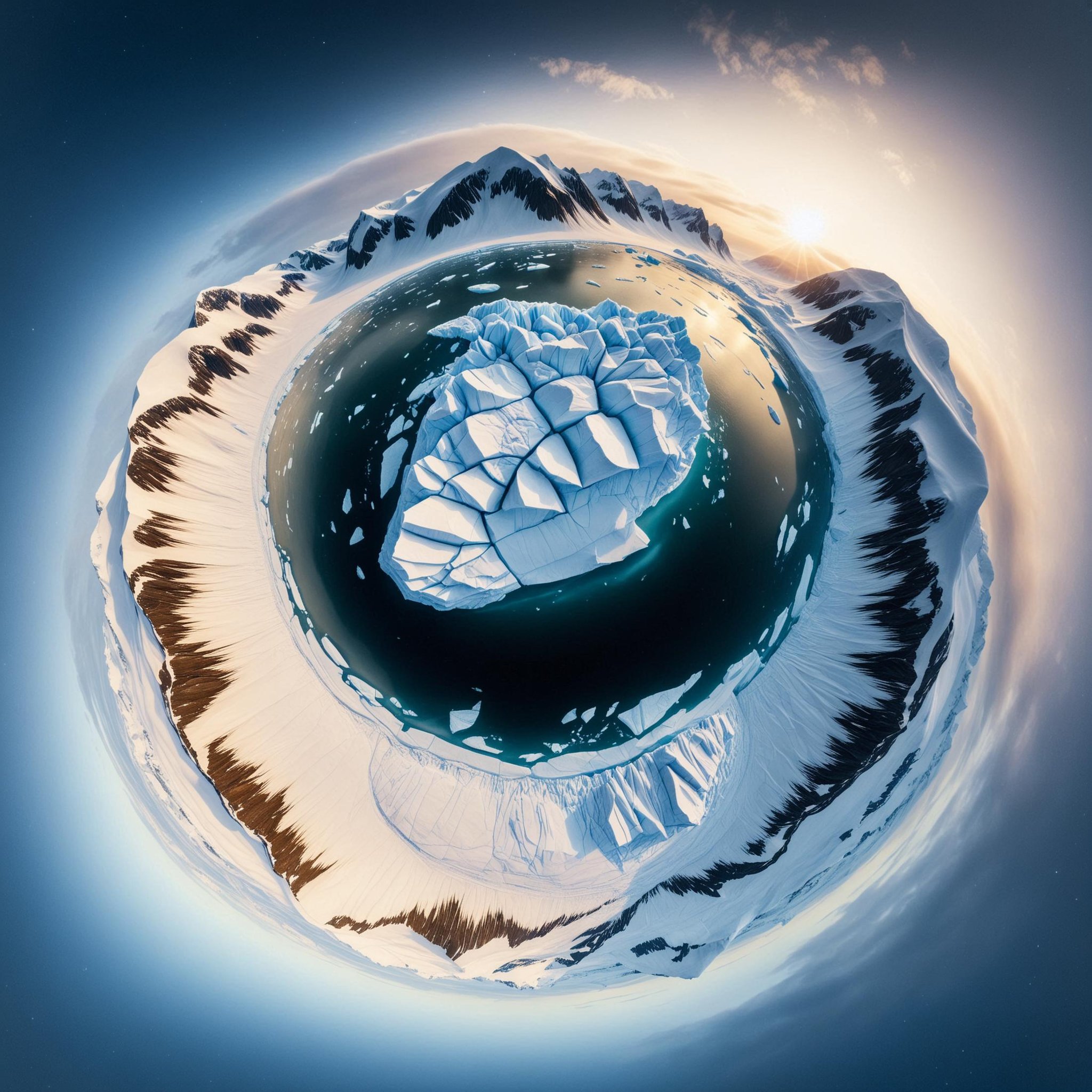 <lora:TinyPlanetSDXL:1> TinyPlanet Iceberg Calving Ground, Area with breaking glaciers, a spectacle of ice under the polar twilight